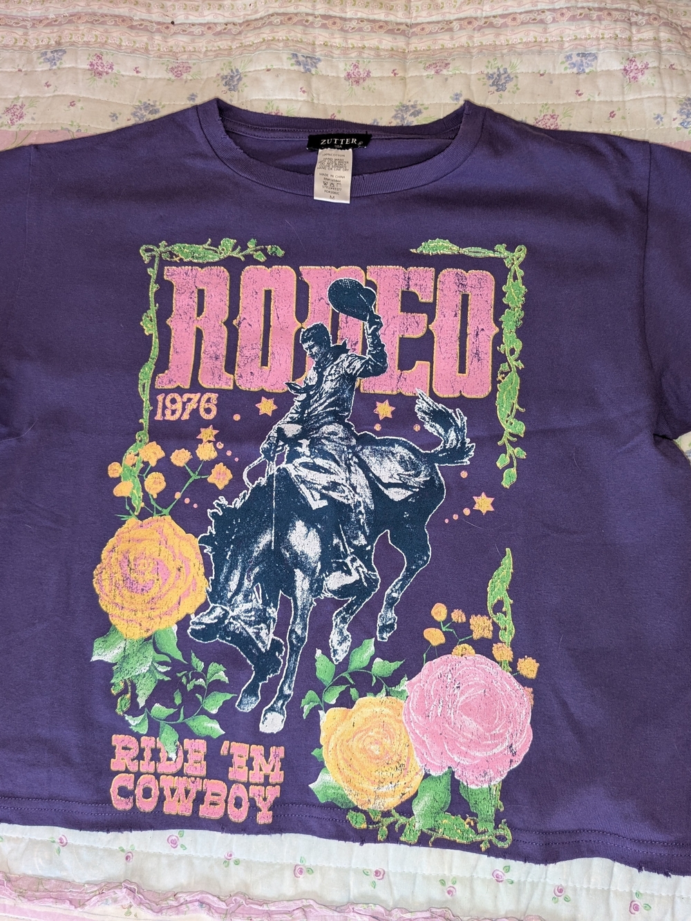 Zutter - Rodeo 'Ride 'Em Cowboy' Roses Pink,Yellow,& Green On Purple 100% Cotton